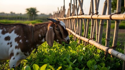 Goat grazing on green plants next to a bamboo fence in a rural setting during golden hour.