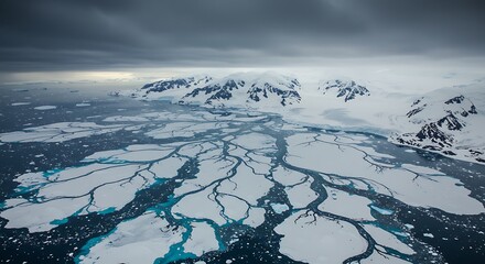 Aerial view showcases a frigid landscape with fractured ice flows, mountains, and turbulent ocean