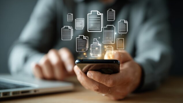 Businessman's hand touches a virtual digital screen on a smartphone, displaying the concept of smart communication technology