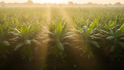 Golden Sunlight Bathes a Lush Green Cornfield at Dawn.