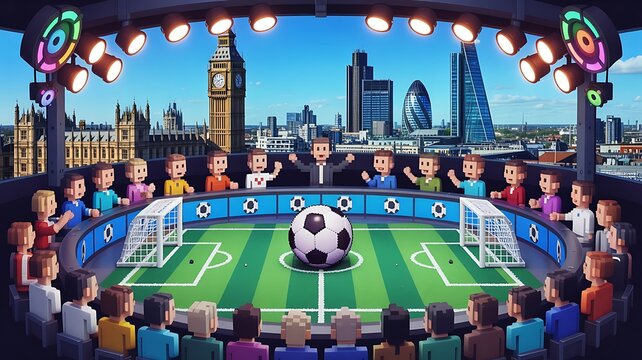 Pixelated Soccer Studio with London Skyline and Audience