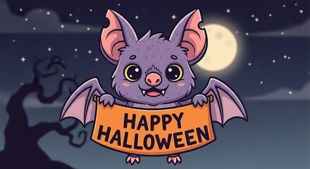 Cartoon bat with halloween greeting holding banner against starry sky