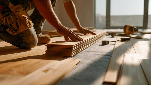 Installing beautiful new hardwood floors in modern home today