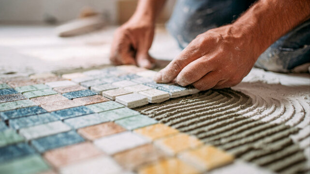 Skilled worker installing stylish mosaic tile for modern design - Powered by Adobe