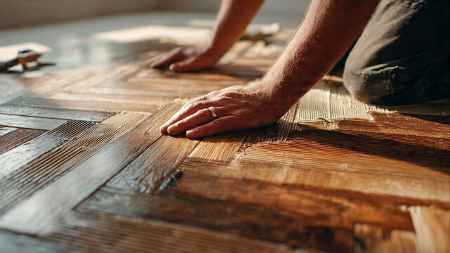 Craftsman laying stunning herringbone wood floor with precision