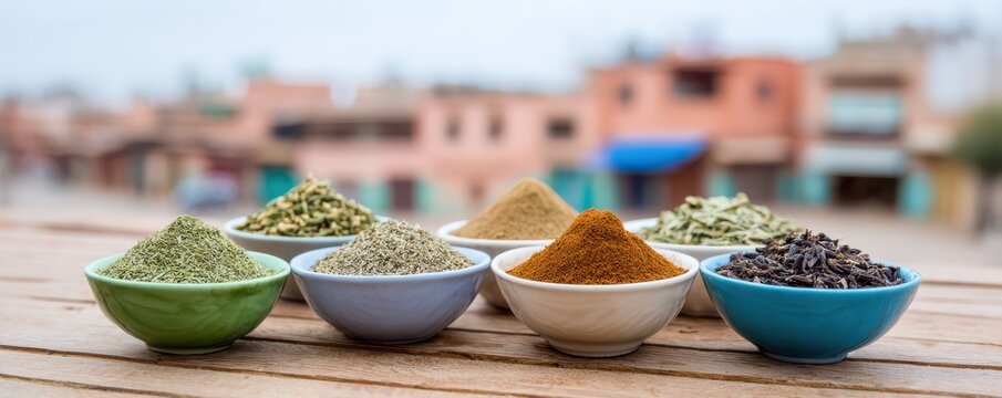 Vibrant arrangement of colorful spices and dried herbs in bowls on a rustic street setting