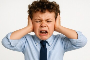 Overwhelmed by Noise: A young boy, overwhelmed by the loud sound, desperately covers his ears, face contorted in distress.
