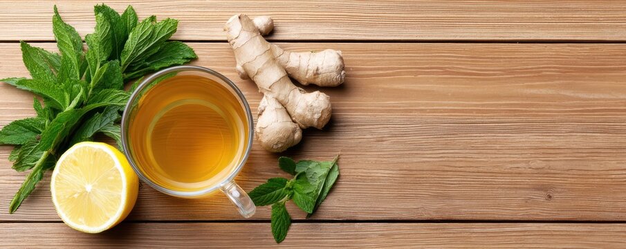 Refreshing ginger and lemon tea with mint in glass mug on wooden table setting