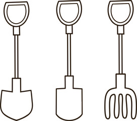 Three gardening tools black line icons