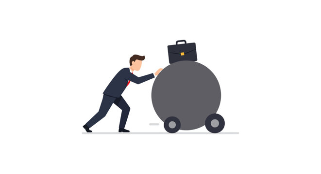 Businessman pushing large burden representing heavy workload illustrating business challenges and career obstacle use for financial stress topics.