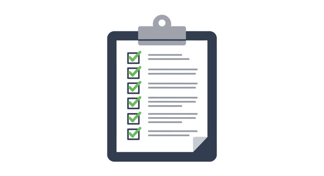 Checklist with green check marks signifying completion on a clipboard ideal for business process task management or project progress reports.
