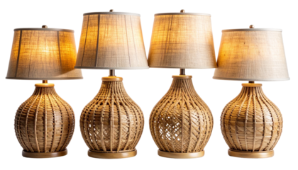 Woven Rattan Table Lamps with Linen Shades Quad Set, isolated on transparent background
