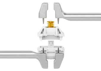 Mechanical keyboard switch disassembly with metal tools on a transparent background
