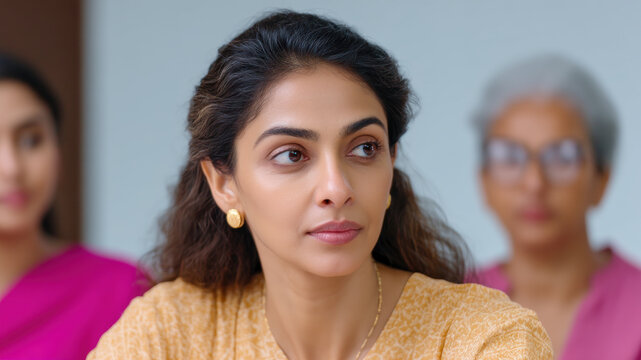 Indian businesswoman focused teamwork office meeting people team leadership collaboration diversity. Indian businesswoman focused meeting with people, showing teamwork and calm leadership bright