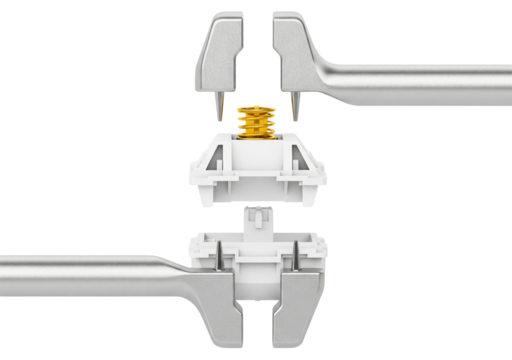Mechanical keyboard switch disassembly with metal tools on a transparent background