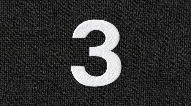 White number three embroidery on black canvas fabric texture for design and decoration