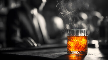 black and white close-up of classic, old fashioned whiskey glass with dramatic tendrils of smoke rising, sitting on bar table in front of an elegantly suited, anonymous businessman