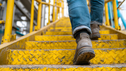 worker wearing rugged blue jeans and work boots with dirty soles, steadily walking up bright yellow metal staircase on a large industrial construction site during the daytime