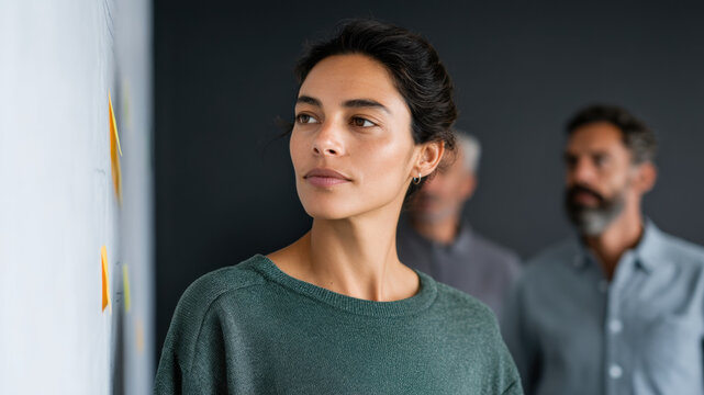 Focused woman leader in office workshop, indian people team in creative meeting plan, thoughtful gaze toward board fosters calm collaboration and strategy
