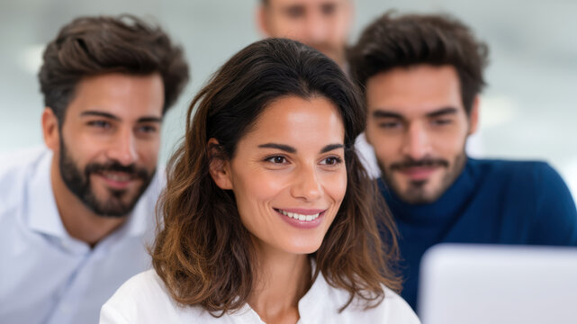 Smiling woman office teamwork collaboration indian people team colleagues startup technology. Focused professional works computer with colleagues nearby bright office, indian people team share