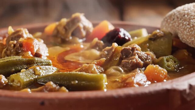 Exotic Moroccan Tagine with Okra Meat and Olives A Culinary Journey to North Africa Showcasing Traditional Cuisine and Cultural Richness in a Warm Inviting Setting.