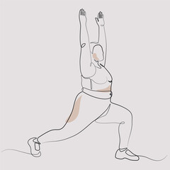 Fat woman exercising one line drawing. Fat woman doing exercise single line illustration. Fat woman doing exercise minimalist line art