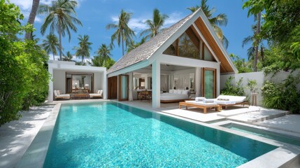 Fototapeta premium Luxurious villa with a refreshing pool surrounded by palm trees under a clear blue sky, ideal for vacation and relaxation in paradise-like setting