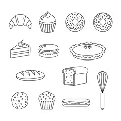Delicious assortment of bakery icons including croissants cupcakes donuts pies bread macarons eclairs cookies and whisk for culinary designs