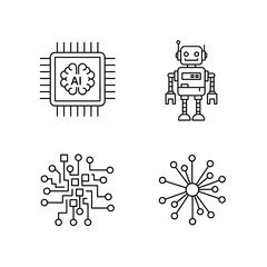 Stunning AI chip, retro robot, and abstract network nodes icons representing modern technology and innovation for digital concepts