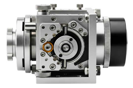 Precision metal optical equipment mechanism with gears on a transparent background