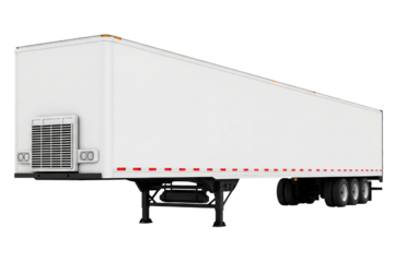 White refrigerated semi truck trailer with landing gear down on a transparent background