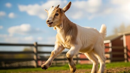 Playful Goat Kid Leaping in a Sunny Farm Pasture.