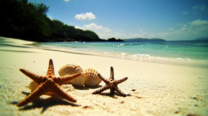 Starfish and shells on sandy beach, tropical island backdrop, blue sky