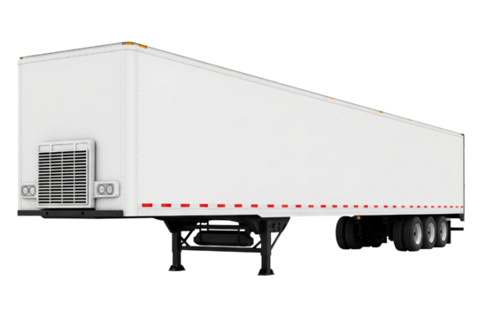 White refrigerated semi truck trailer with landing gear down on a transparent background