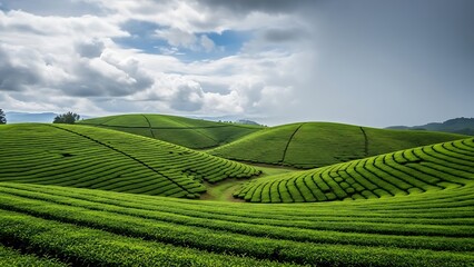 Rolling Green Hills Under Cloudy Sky A Scenic Landscape.