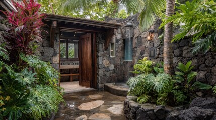 Tranquil Entrance of a Tropical Garden Oasis Surrounded by Lush Greenery and Natural Stone Design with a Cozy Atmosphere for Relaxation and Escape