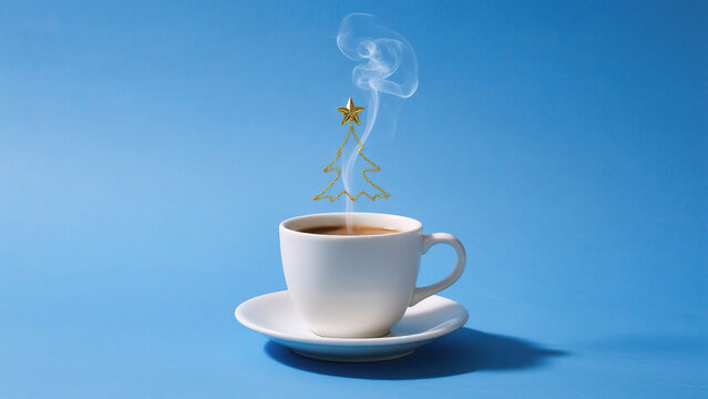Steaming coffee cup with Christmas tree decoration - Powered by Adobe