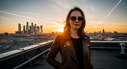 Woman in leather jacket and sunglasses stands on a rooftop with a cityscape and sunset visible in the background.