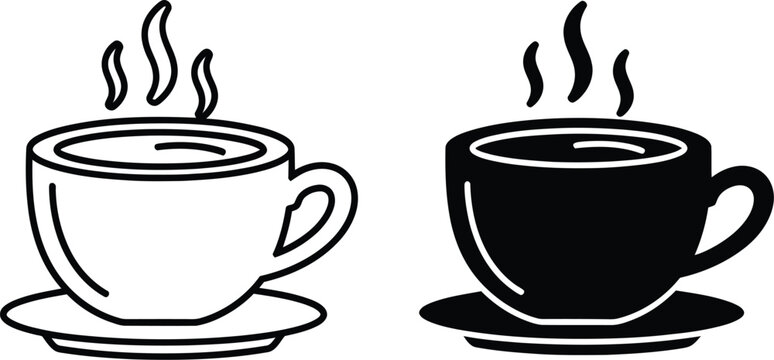 Two steaming coffee cups one outline one solid vactor black silhouette hot drink beverage