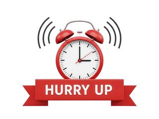 Red alarm clock with 'hurry up' banner and sound waves isolated on transparent background