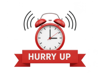 Red alarm clock with 'hurry up' banner and sound waves isolated on transparent background