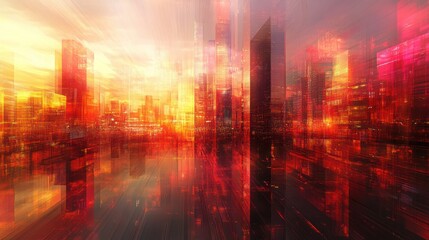 Fototapeta premium Red city sunset reflection, futuristic cityscape, urban background, website header