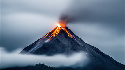 erupting. A powerful volcano erupting with lava and ash against the sky. ESG reports, sustainability campaigns, designed for sustainability communications and ESG reporting.
