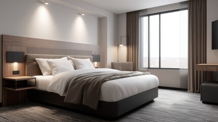 Fototapeta premium Modern and Stylish Hotel Room Featuring Cozy Bed, Warm Lighting, and Minimalist Decor Ideal for Relaxation and Comfort in Urban Settings