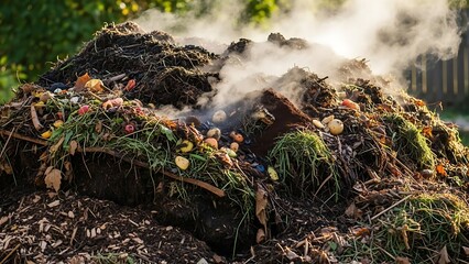 Steaming hot compost pile with organic waste decomposing in a garden.