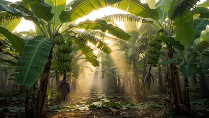 Sunlight Streams Through Lush Banana Plantation with Growing Fruit.