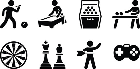 A collection of eight black silhouette icons representing various popular recreational games and indoor sports