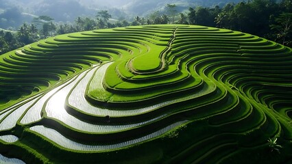 Stunning aerial view of vibrant green rice terraces in Vietnam.