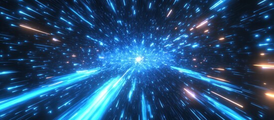 Obraz premium Blue light streaks through space, stars background, hyperspace travel