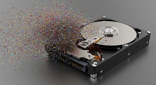 Broken computer hard drive with a colorful cloud of particles